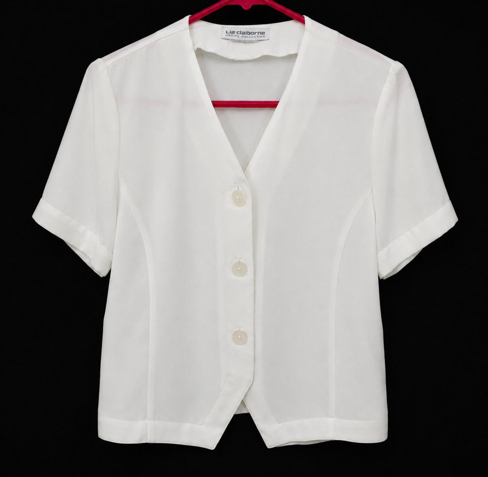 Liz Claiborne White Sheer Button Front Blouse Women's Small Short Sleeve Top
